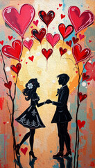 Fototapeta premium Valentine's Day card design. Illustration with oil paint. Pattern for printing on wall decorations, covers, wallpapers