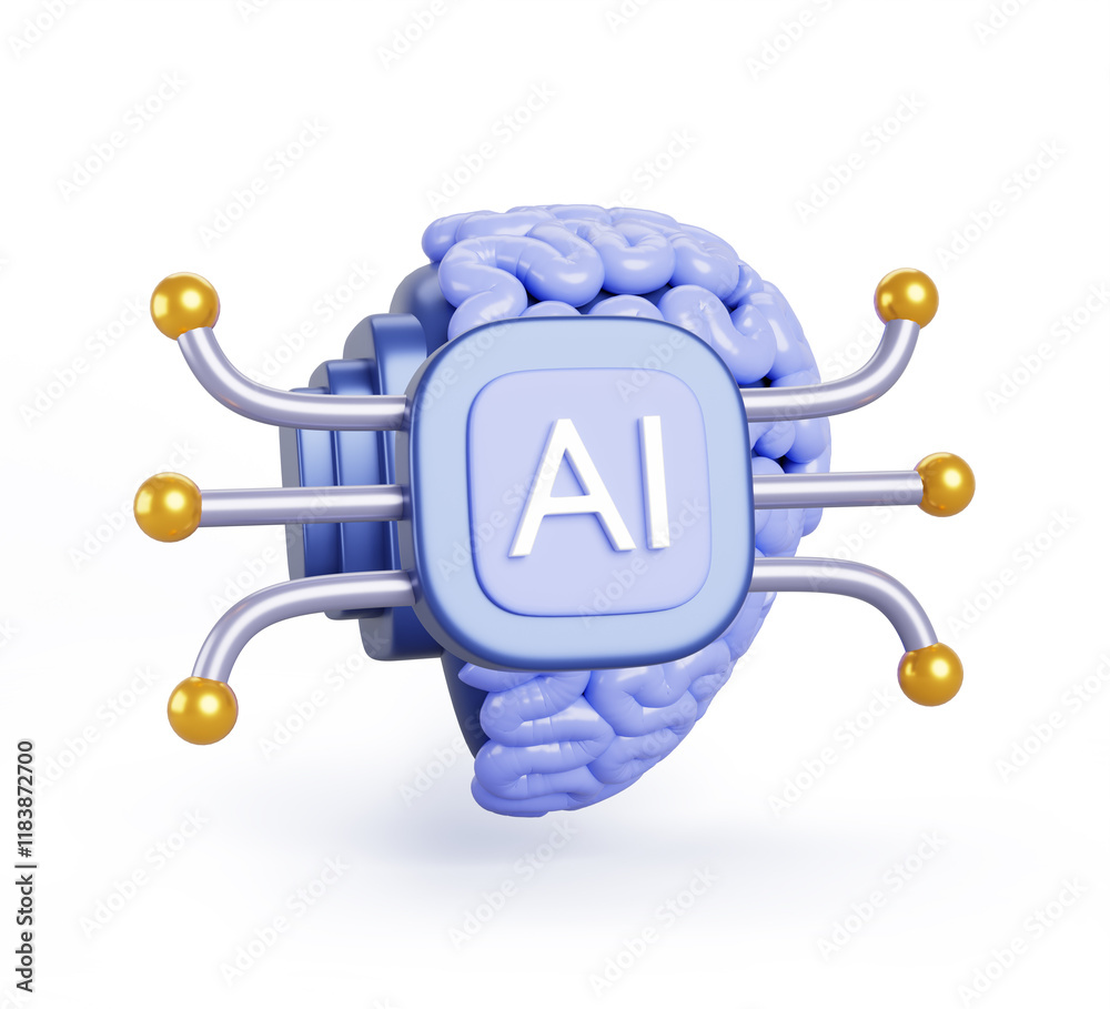 Poster ai brain chip 3d render icon. artificial intelligence neural implant, future technology. bci system 