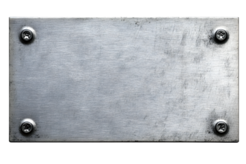 Distressed stainless steel plaque with a brush silver metal texture and screws, png file cut out and isolated on a transparent background, signage stock photo image