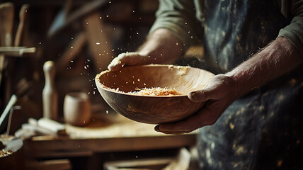 The wood craftsman holds a roughly shaped wooden bowl, his hands covered in sawdust, warm colors and directional light give depth.