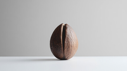 A perfectly symmetrical walnut positioned upright on a seamless white surface, its rich, natural texture and subtle brown tones captured in ultra-sharp focus