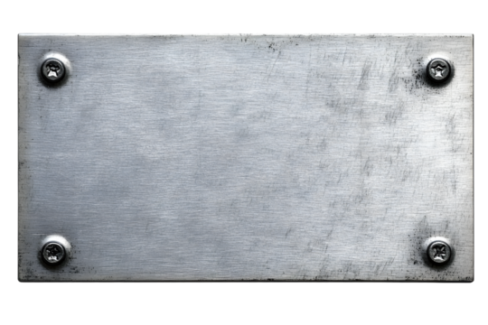 Distressed stainless steel plaque with a brush silver metal texture and screws, png file cut out and isolated on a transparent background, signage stock photo image