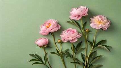 Obraz premium Soft pink peonies with lush green leaves arranged on an olive green background. A charming composition, perfect for nature-inspired designs and floral presentations.