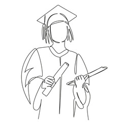 One continuous single drawing line art flat doodle doctor girl student, with diploma, graduation, education, joy, institute. Isolated image hand draw contour on a white background, hand drawn, not AI