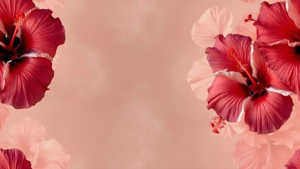 Obraz premium Red Hibiscus Floral Border on Soft Background: A decorative background featuring a border of red hibiscus flowers with varying sizes and orientations against a soft, muted background