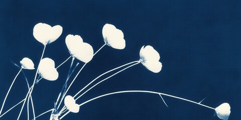 Cyanotype art of delicate white flowers on dark blue background