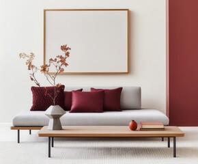 Minimalist living room with gray sofa and burgundy accents
