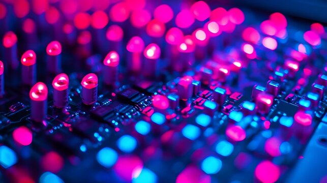 Close-up of illuminated circuit board with vibrant pink and blue LEDs.