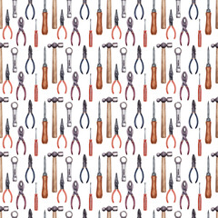 Watercolor seamless pattern with various repair tools