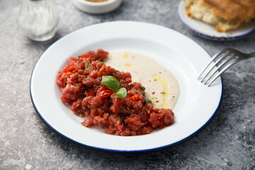 Homemade steak tartare with tuna sauce