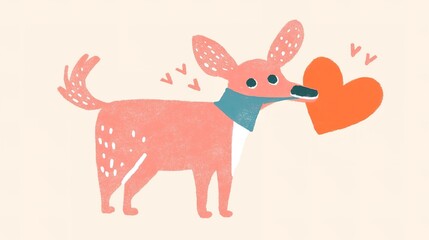 A playful, cartoon-style dog with a colorful collar holds a heart, expressing affection and joy in a whimsical design.