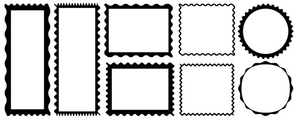 Scallop edge border and round frame set. Set of mirror, picture or photo rectangle frames with wavy borders.  Square circle and rectangle shape. Vector lace frill. Simple cute label. Empty text boxes 