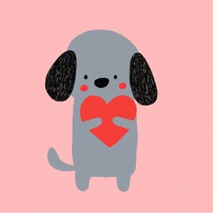 A cute, cartoon-style dog holding a red heart against a pink background, symbolizing love and affection.