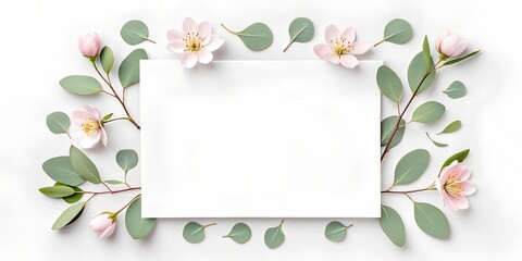 Fototapeta premium Elegant spring mockup with blank white space surrounded by pink and white paper flowers and eucalyptus branches on a clean white background. Great for Mother’s Day, wedding, or spring designs.