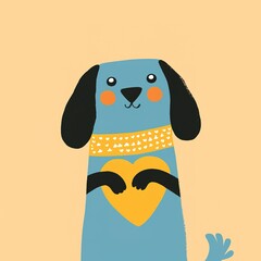 A cute, cartoon-style blue dog with a heart-shaped gesture, wearing a yellow scarf, set against a warm beige background.