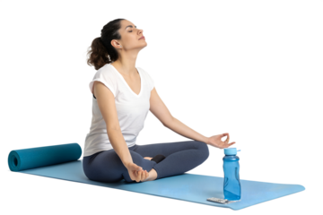 yoga woman with matt and bottle isolated