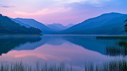 Obraz premium Serene lake mirroring pastel sunset over misty mountains.