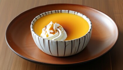 Delicious Kabocha Pudding Served in Elegant Ceramic Bowl on Wooden Table Surface