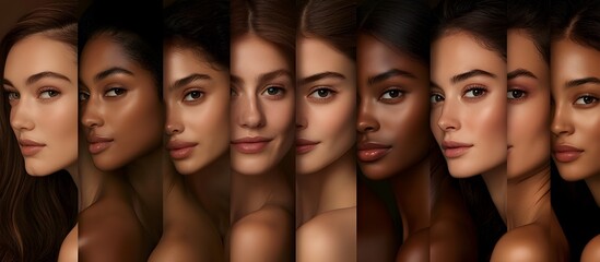 Obraz premium A photo of several women's faces in different skin tones, all facing the camera directly and smiling with their eyes open, arranged side by side to form a vertical collage. The background is 