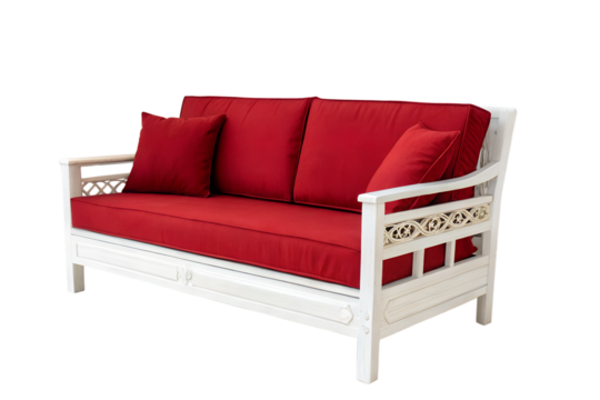 white wooden luxury red sofa isolated on white or transparent png