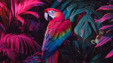 Obraz premium A radiant parrot perches gracefully among lush, colorful foliage, showcasing its dazzling feathers under the warm light of the rainforest, creating a magical atmosphere