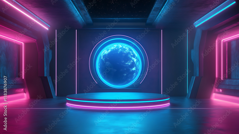 Aufkleber 3d illustration of sci-fi product podium showcase in empty spaceship room with blue earth background