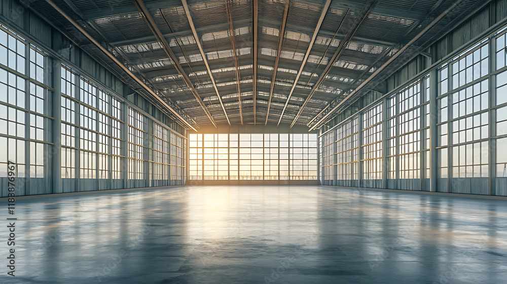 Poster 3d illustration of an empty warehouse with a lot of windows, 3d rendering of large hangar building and concrete floor