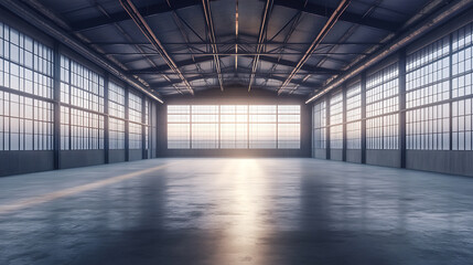 3d illustration of an empty warehouse with a lot of windows, 3d rendering of large hangar building and concrete floor