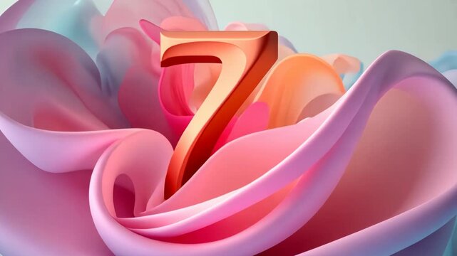 Colorful three dimensional number seven. Playful symbol 7. Invitation for a seventh birthday party or business anniversary. Animation.