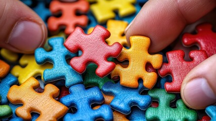 Hands connecting colorful jigsaw puzzle pieces home closeup photography indoor creative process