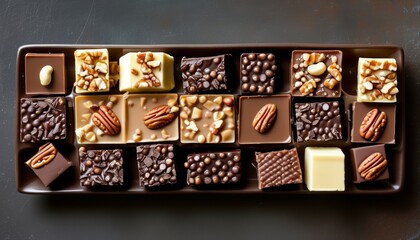 Assorted Chocolate Fudge Treats Displayed on a Brown Plate with Nuts and Creamy Varieties