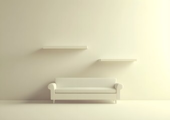 A simple yet elegant white sofa with two square shelves on the wall above it, against an empty beige background. The scene is well-lit, and the focus of attention should be placed in front of 