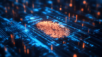 A fingerprint scan provides security access with biometric identification, business technology safety internet concept