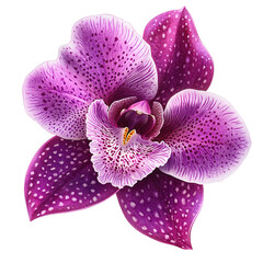 A close-up image showcases a single vibrant purple orchid flower with distinctive white spots on its petals isolated on transparent background.