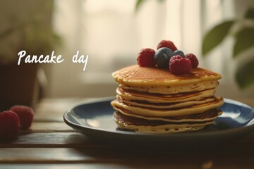 Stack of Pancakes with Fresh Berries on Rustic Table: Celebrate Pancake Day with a Delicious Breakfast Scene