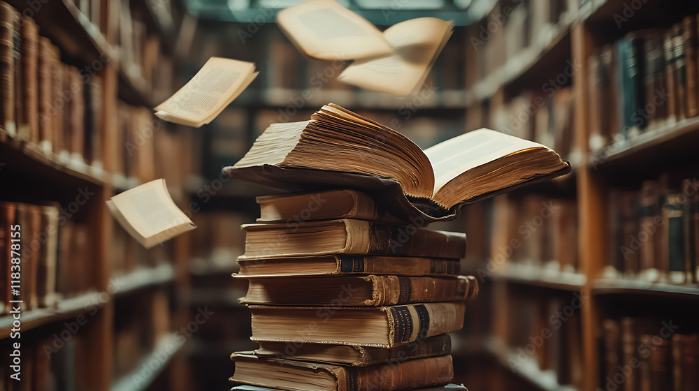 Poster a stack of old books and flying book pages against the background of the shelves in the library, anc