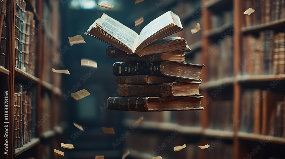 Poster a stack of old books and flying book pages against the background of the shelves in the library, anc