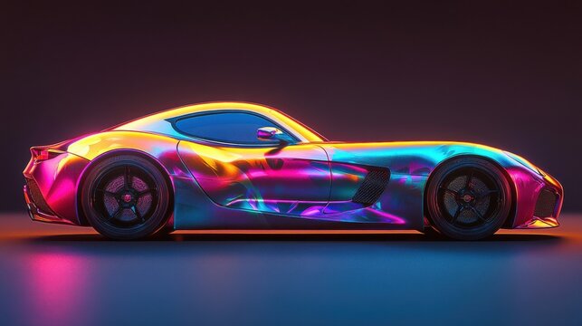 A branded car with custom decals and logos on a grainy gradient background