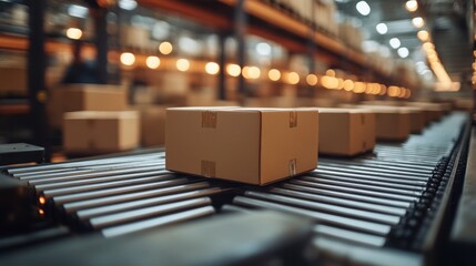 Closeup of multiple cardboard box packages seamlessly moving along a conveyor belt 