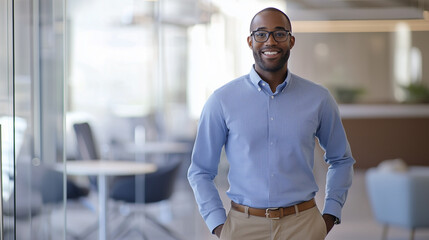 Naklejka premium Dynamic business professional with a welcoming smile, standing in a sleek office. Perfect for showcasing teamwork, leadership, and corporate excellence.
