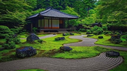 Obraz premium Serene Japanese Garden: Mossy Landscape, Pavilion, Zen Gravel Paths