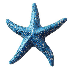 A detailed close-up showcases a vibrant blue starfish adorned with silver studs isolated on transparent background.