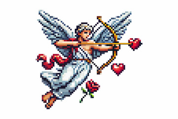 Pixel art Cupid with wings, bow, and heart-shaped arrow, surrounded by hearts and a rose symbolizing love and romance, perfect for Valentine's Day