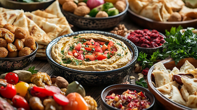Arabic traditional cuisine, middle eastern colorful hummus, pita, falafel, dolma, baklava, halva, rahat lokum, sherbet, nuts, dried fruits, mediterranean assorted appetizers, abundance concept