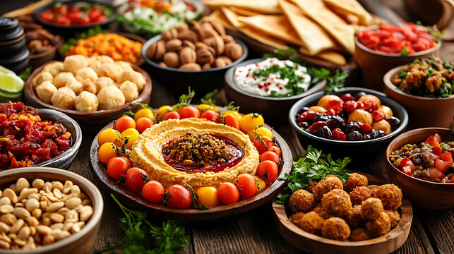 Arabic traditional cuisine, middle eastern colorful hummus, pita, falafel, dolma, baklava, halva, rahat lokum, sherbet, nuts, dried fruits, mediterranean assorted appetizers, abundance concept
