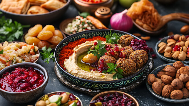 Arabic traditional cuisine, middle eastern colorful hummus, pita, falafel, dolma, baklava, halva, rahat lokum, sherbet, nuts, dried fruits, mediterranean assorted appetizers, abundance concept