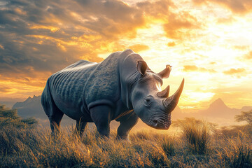 Obraz premium A rhinoceros stands majestically in a vibrant sunset landscape.