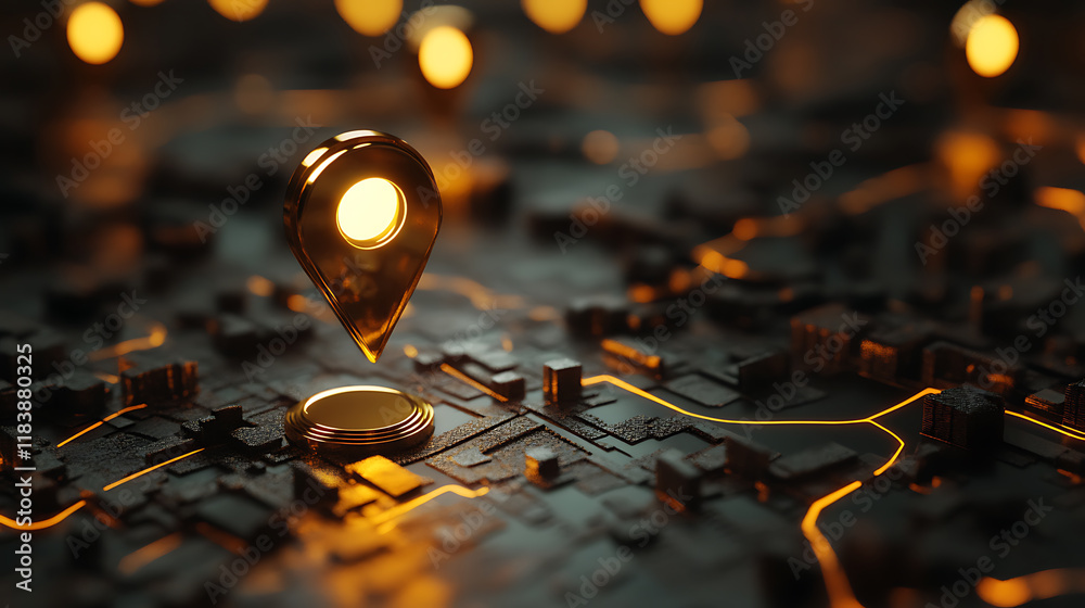 Aufkleber aura gold location indicator for the map, 3d render, city map background