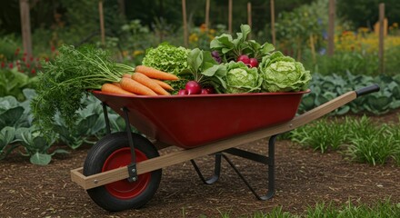 Vibrant wheelbarrow of fresh vegetables in lush garden setting