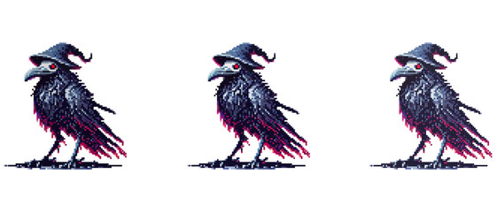 Pixel art of a crow with a witch's hat, giving it a mystical and magical appearance, perfect for fantasy-themed projects